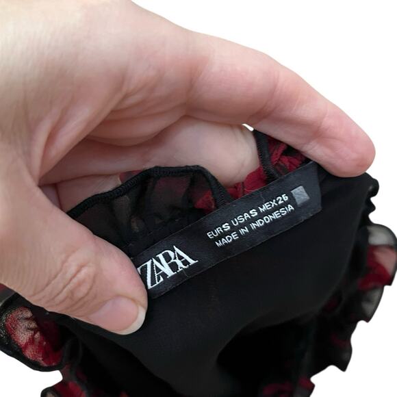 Zara Floral Chiffon Mini Dress Small Shift Swing Mod Long Sleeve Ruffle Black - Picture 8 of 10